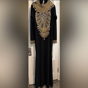JS Collections Elegant Black Gown with Gold and Blue Accents